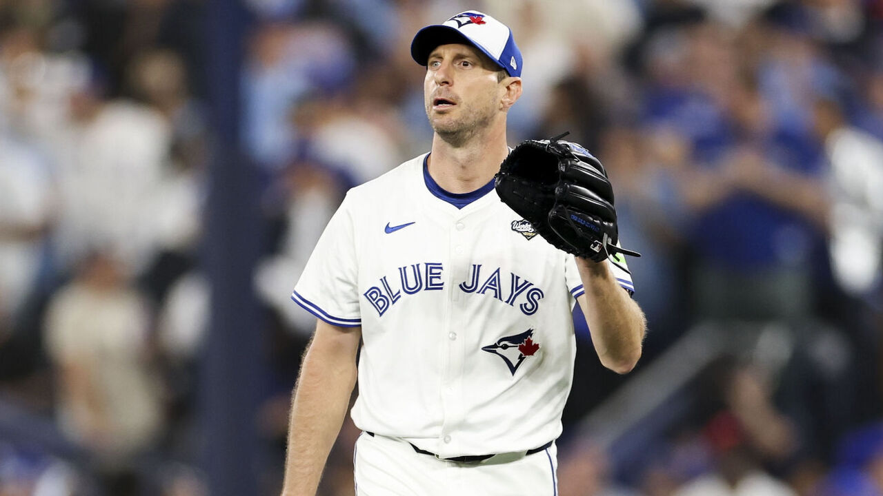 TORONTO, ON - NOVEMBER 01: Max Scherzer #31 of the Toronto Blue Jays looks on during Game Seven of the 2025 World Series presented by Capital One between the Los Angeles Dodgers and the Toronto Blue Jays at Rogers Centre on Saturday, November 1, 2025 in Toronto, Ontario, Canada.