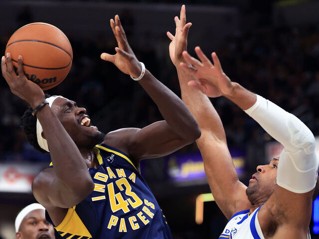 INDIANAPOLIS, INDIANA - NOVEMBER 01: Pascal Siakam #43 of the Indiana Pacers takes a shot over Al Horford #20 of the Golden State Warriors in the second quarter at Gainbridge Fieldhouse on November 01, 2025 in Indianapolis, Indiana.