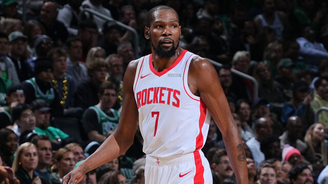 BOSTON, MA - NOVEMBER 1: Kevin Durant #7 of the Houston Rockets looks on during the game against the Boston Celtics on November 1, 2025 at TD Garden in Boston, Massachusetts. NOTE TO USER: User expressly acknowledges and agrees that, by downloading and/or using this Photograph, user is consenting to the terms and conditions of the Getty Images License Agreement. Mandatory Copyright Notice: Copyright 2025 NBAE