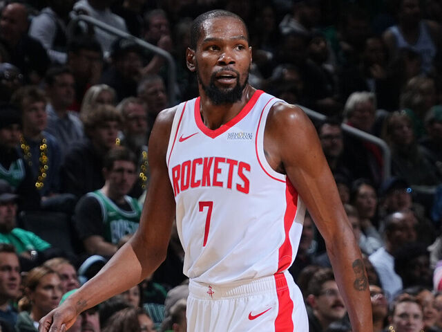 BOSTON, MA - NOVEMBER 1: Kevin Durant #7 of the Houston Rockets looks on during the game against the Boston Celtics on November 1, 2025 at TD Garden in Boston, Massachusetts. NOTE TO USER: User expressly acknowledges and agrees that, by downloading and/or using this Photograph, user is consenting to the terms and conditions of the Getty Images License Agreement. Mandatory Copyright Notice: Copyright 2025 NBAE