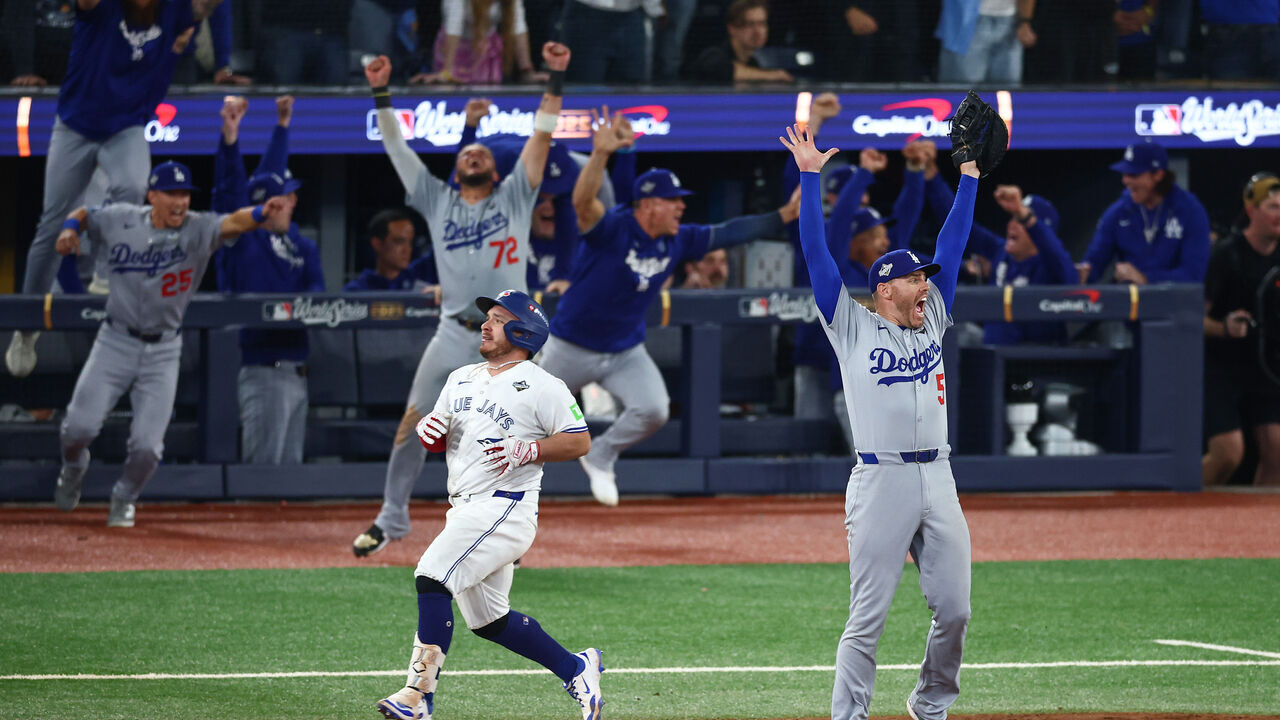 TORONTO, ONTARIO - NOVEMBER 02: Freddie Freeman #5 of the Los Angeles Dodgers celebrates after stepping on first base to force out Alejandro Kirk #30 of the Toronto Blue Jays to win game seven of the 2025 World Series 5-4 at Rogers Center on November 02, 2025 in Toronto, Ontario.