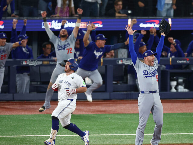 TORONTO, ONTARIO - NOVEMBER 02: Freddie Freeman #5 of the Los Angeles Dodgers celebrates after stepping on first base to force out Alejandro Kirk #30 of the Toronto Blue Jays to win game seven of the 2025 World Series 5-4 at Rogers Center on November 02, 2025 in Toronto, Ontario.