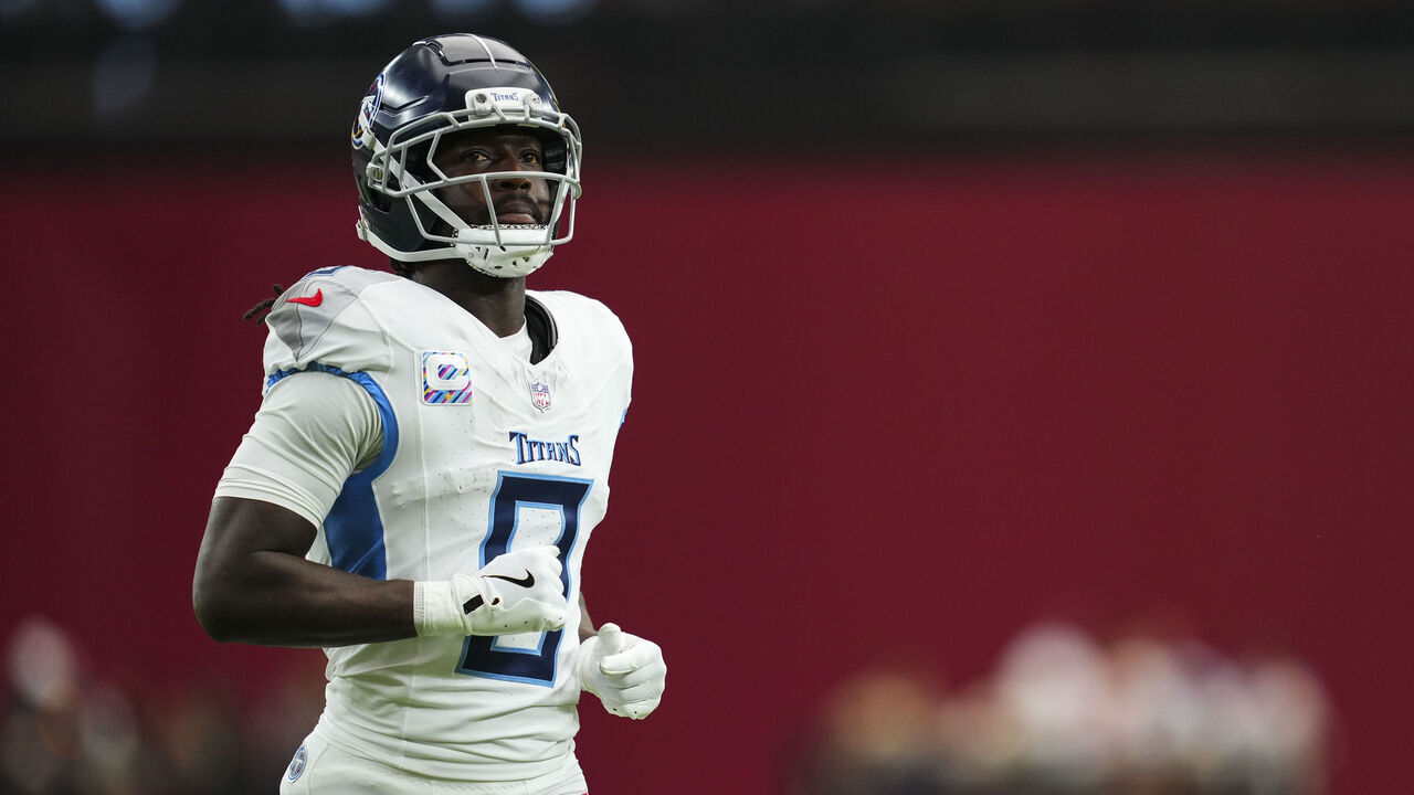 GLENDALE, AZ - OCTOBER 05: Calvin Ridley #0 of the Tennessee Titans looks on from the field during an NFL football game against the Arizona Cardinals at State Farm Stadium on October 5, 2025 in Glendale, Arizona.
