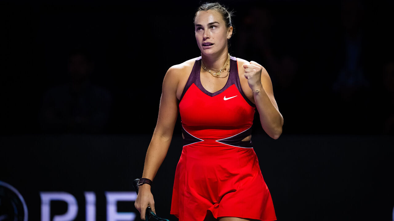RIYADH, SAUDI ARABIA - NOVEMBER 02: Aryna Sabalenka reacts in her match against Jasmine Paolini of Italy in the first round robin singles match on Day 2 of the WTA Finals Riyadh as part of the Hologic WTA Tour 2025 at King Saud University Indoor Arena on November 02, 2025 in Riyadh, Saudi Arabia