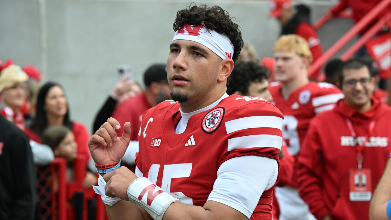 LINCOLN, NEBRASKA - OCTOBER 25: Dylan Raiola #15 of the Nebraska Cornhuskers walks off the field after the win against the Northwestern Wildcats during the second half at Memorial Stadium on October 25, 2025 in Lincoln, Nebraska.