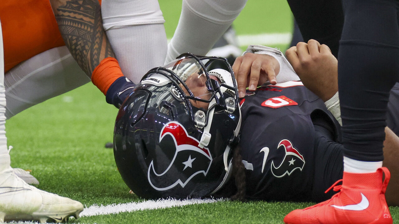 HOUSTON, TX - NOVEMBER 02: Houston Texans quarterback C.J. Stroud (7) lies on the ground after getting tackled by Denver Broncos cornerback Kris Abrams-Draine (31) (pictured) in the second quarter during the NFL game between the Denver Broncos and Houston Texans on November 2, 2025 at NRG Stadium in Houston, Texas.
