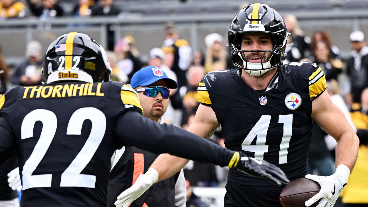 PITTSBURGH, PENNSYLVANIA - NOVEMBER 02: Payton Wilson #41 of the Pittsburgh Steelers celebrates an interception against the Indianapolis Colts during the second quarter in the game at Acrisure Stadium on November 02, 2025 in Pittsburgh, Pennsylvania.
