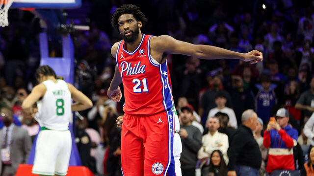 PHILADELPHIA, PENNSYLVANIA - OCTOBER 31: Joel Embiid #21 of the Philadelphia 76ers reacts after missing a three-point basket to win the game against the Boston Celtics during the NBA Cup game at Xfinity Mobile Arena on October 31, 2025 in Philadelphia, Pennsylvania.