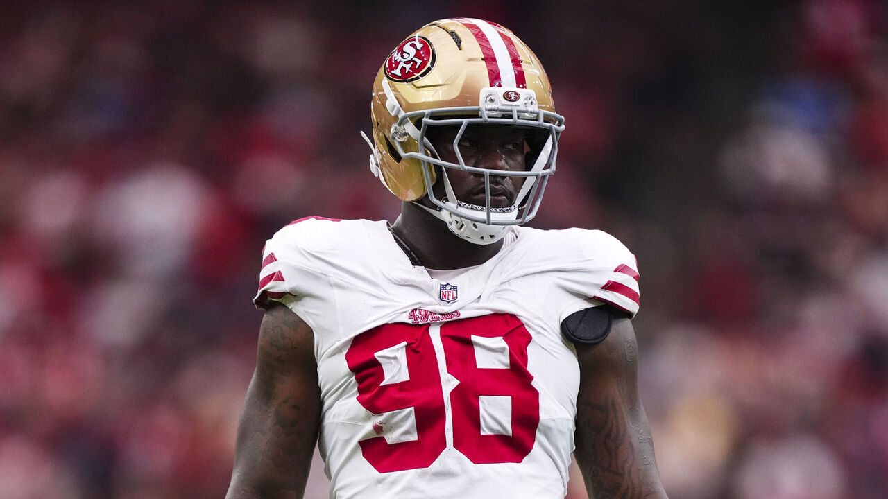 HOUSTON, TX - OCTOBER 26: Mykel Williams #98 of the San Francisco 49ers lines up before the snap during an NFL football game against the Houston Texans at NRG Stadium on October 26, 2025 in Houston, Texas.
