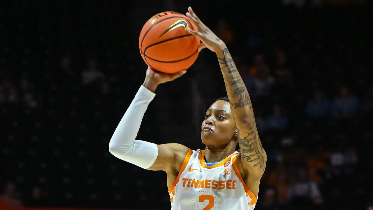 KNOXVILLE, TN - OCTOBER 29: Tennessee Lady Volunteers guard Ruby Whitehorn (2) takes a three point shot during the Women's college basketball exhibition game between the Columbus State Lady Cougars and the Tennessee Lady Volunteers on October 29, 2025, at Food City Center in Knoxville, TN.