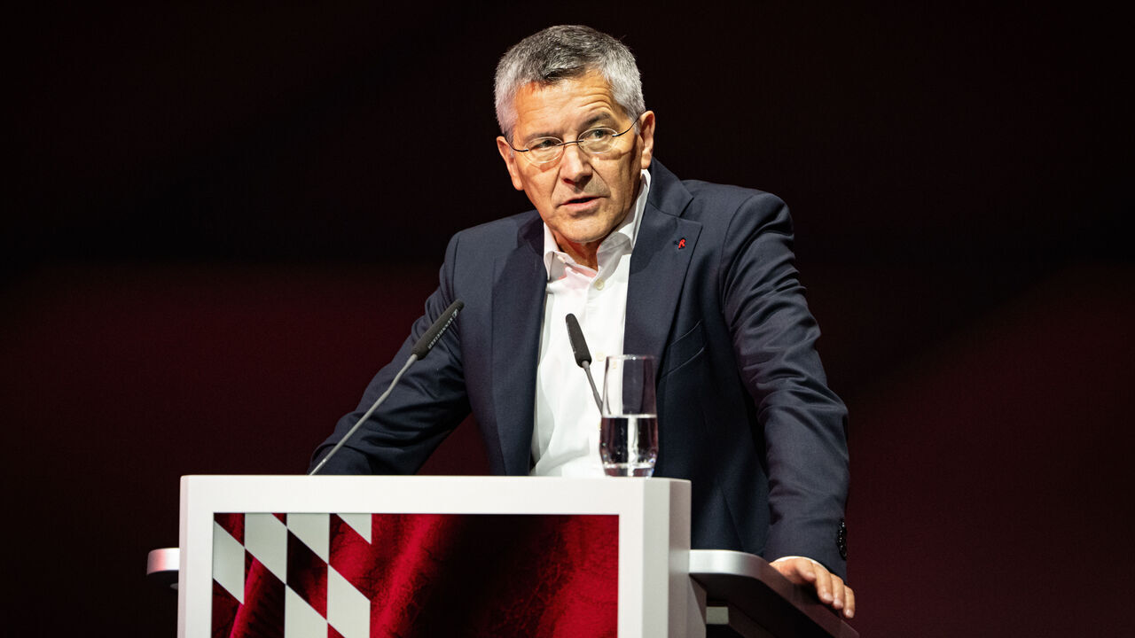 MUNICH, GERMANY - NOVEMBER 02: (EDITORS NOTE: Image has been digitally enhanced.) Herbert Hainer, president of FC Bayern Muenchen, talks to the audience before the presidential election during the annual general meeting of football club FC Bayern Muenchen at BMW Park on November 02, 2025 in Munich, Germany.