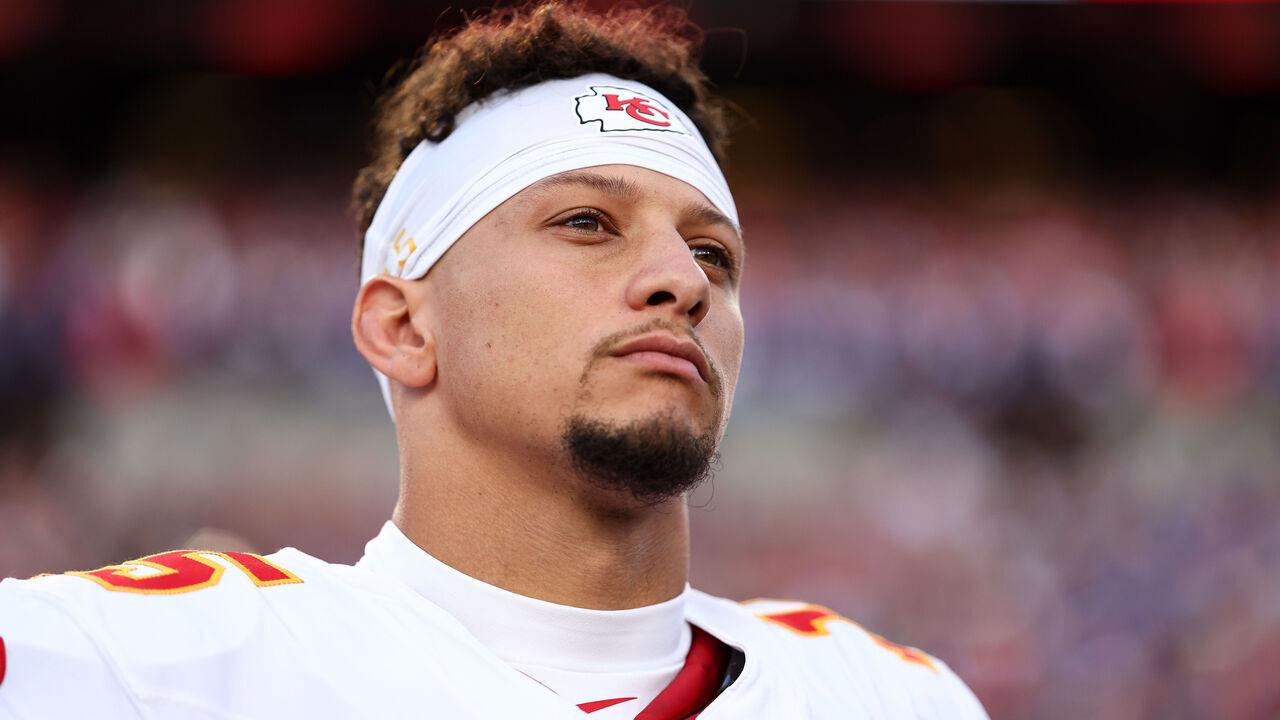 ORCHARD PARK, NEW YORK - NOVEMBER 2: Patrick Mahomes #15 of the Kansas City Chiefs stands on the sideline during the national anthem prior to the game against the Buffalo Bills at Highmark Stadium on November 2, 2025 in Orchard Park, New York.