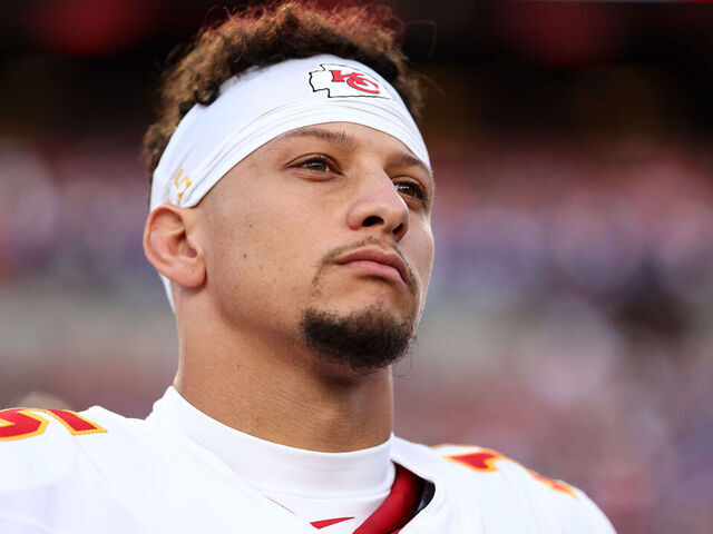 ORCHARD PARK, NEW YORK - NOVEMBER 2: Patrick Mahomes #15 of the Kansas City Chiefs stands on the sideline during the national anthem prior to the game against the Buffalo Bills at Highmark Stadium on November 2, 2025 in Orchard Park, New York.