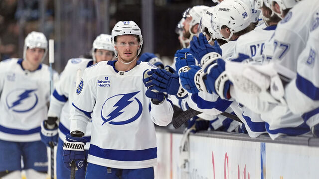 SALT LAKE CITY, UTAH - NOVEMBER 02: Jake Guentzel #59 of the Tampa Bay Lightning high-fives his teammates after scoring a goal in the third period of a game against the Utah Mammoth at Delta Center on November 2, 2025 in Salt Lake City, Utah.