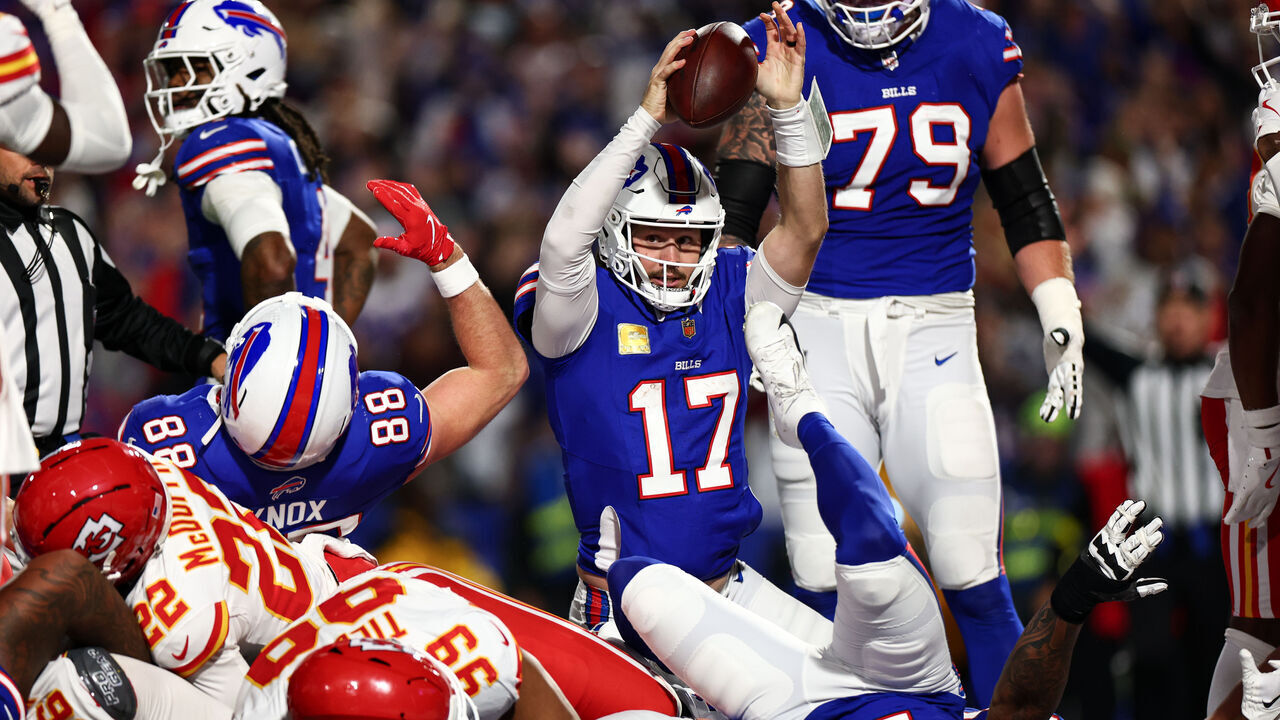 ORCHARD PARK, NEW YORK - NOVEMBER 2: Josh Allen #17 of the Buffalo Bills scores a touchdown on a sneak during the third quarter against the Kansas City Chiefs at Highmark Stadium on November 2, 2025 in Orchard Park, New York.