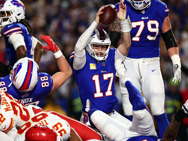 ORCHARD PARK, NEW YORK - NOVEMBER 2: Josh Allen #17 of the Buffalo Bills scores a touchdown on a sneak during the third quarter against the Kansas City Chiefs at Highmark Stadium on November 2, 2025 in Orchard Park, New York.