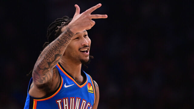 OKLAHOMA CITY, OKLAHOMA - NOVEMBER 2: Jaylin Williams #6 of the Oklahoma City Thunder celebrates a made basket during the first half against the New Orleans Pelicans at Paycom Center on November 2, 2025 in Oklahoma City, Oklahoma.