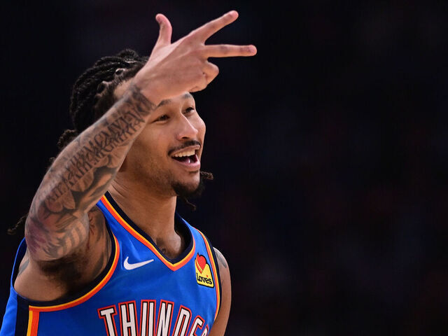 OKLAHOMA CITY, OKLAHOMA - NOVEMBER 2: Jaylin Williams #6 of the Oklahoma City Thunder celebrates a made basket during the first half against the New Orleans Pelicans at Paycom Center on November 2, 2025 in Oklahoma City, Oklahoma.