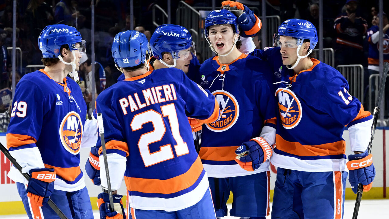 ELMONT, NEW YORK - NOVEMBER 02: Matthew Schaefer #48 of the New York Islanders celebrates his first period power play goal at 5:53 against the Columbus Blue Jackets at UBS Arena on November 02, 2025 in Elmont, New York.