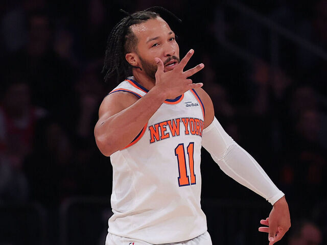 NEW YORK, NEW YORK - NOVEMBER 02: Jalen Brunson #11 of the New York Knicks reacts after making a three pointer during the first quarter of the game against the Chicago Bulls at Madison Square Garden on November 02, 2025 in New York City.