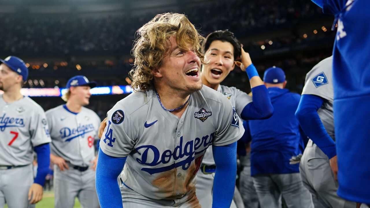 TORONTO, ON - NOVEMBER 01: Enrique Hernández #8 of the Los Angeles Dodgers celebrates with teammates on the field after defeating the Toronto Blue Jays in Game Seven of the 2025 World Series presented by Capital One at Rogers Centre on Saturday, November 1, 2025 in Toronto, Ontario, Canada.
