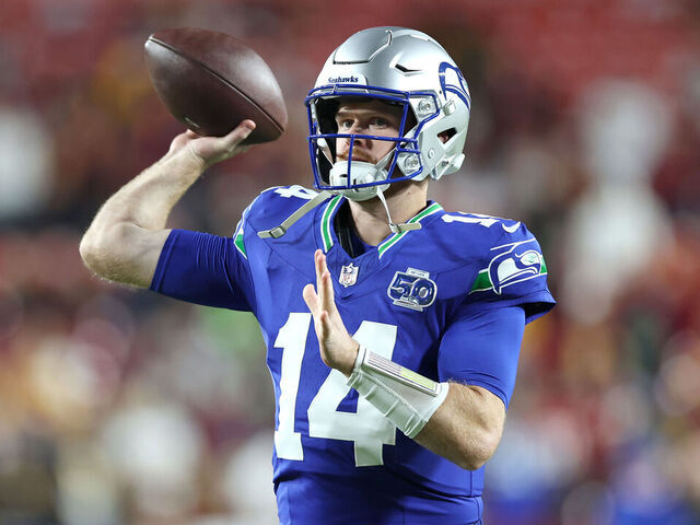 LANDOVER, MARYLAND - NOVEMBER 02: Sam Darnold #14 of the Seattle Seahawks warms up prior to the game against the Washington Commanders at Northwest Stadium on November 02, 2025 in Landover, Maryland.