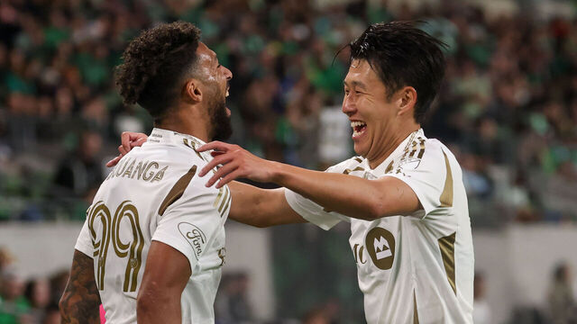 AUSTIN, TX - NOVEMBER 02: Forward Denis Bouanga #99 of Los Angeles FC and forward Son Heung-Min #7 of Los Angeles FC celebrate a goal during the MLS playoff match between Austin FC and Los Angeles FC on November 2, 2025, at Q2 Stadium in Austin, TX.
