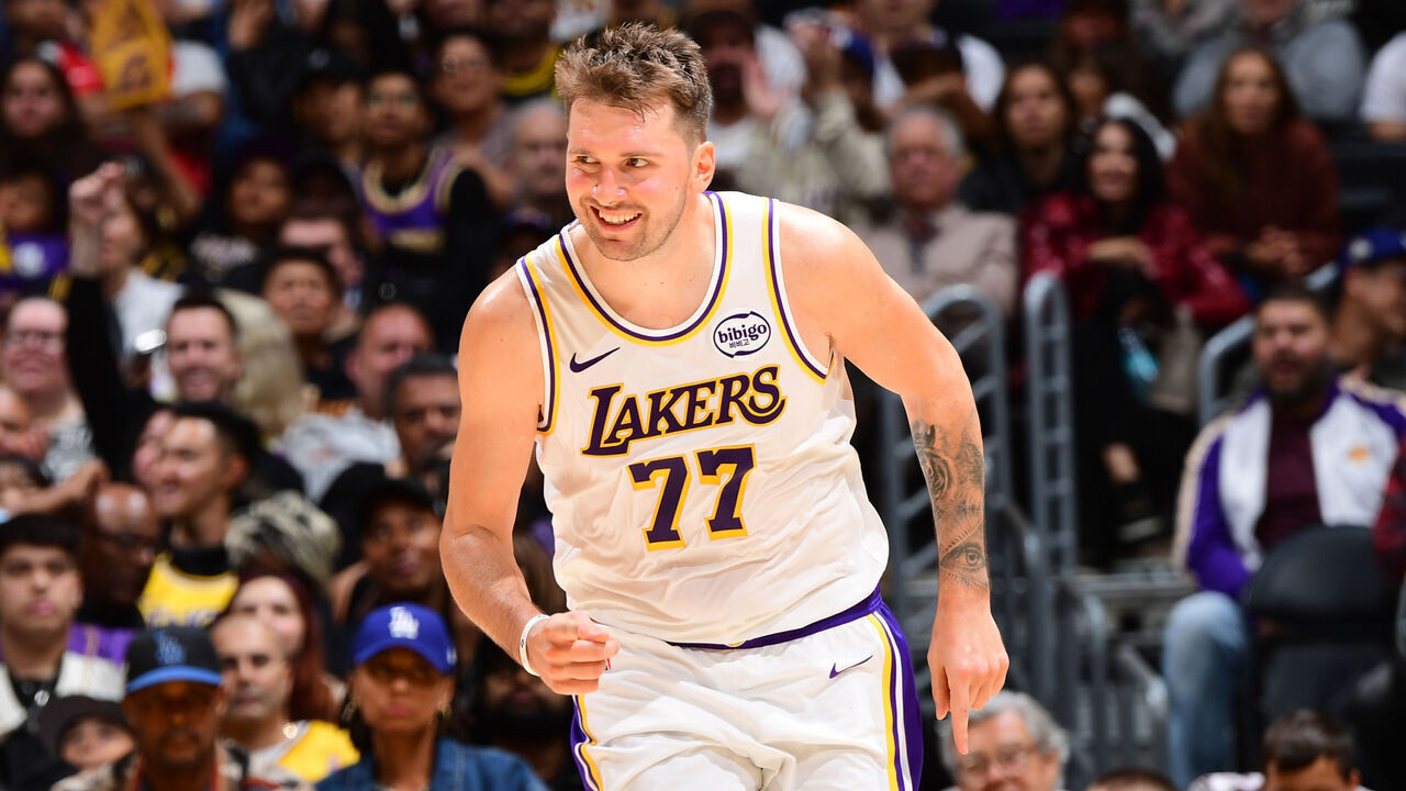 LOS ANGELES, CA - NOVEMBER 2: Luka Doncic #77 of the Los Angeles Lakers reacts during the game against the Miami Heat on November 2, 2025 at Crypto.Com Arena in Los Angeles, California. NOTE TO USER: User expressly acknowledges and agrees that, by downloading and/or using this Photograph, user is consenting to the terms and conditions of the Getty Images License Agreement. Mandatory Copyright Notice: Copyright 2025 NBAE