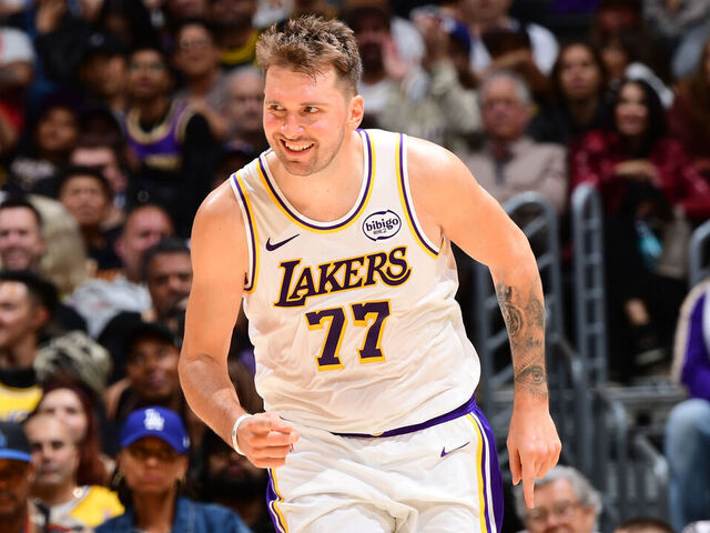 LOS ANGELES, CA - NOVEMBER 2: Luka Doncic #77 of the Los Angeles Lakers reacts during the game against the Miami Heat on November 2, 2025 at Crypto.Com Arena in Los Angeles, California. NOTE TO USER: User expressly acknowledges and agrees that, by downloading and/or using this Photograph, user is consenting to the terms and conditions of the Getty Images License Agreement. Mandatory Copyright Notice: Copyright 2025 NBAE