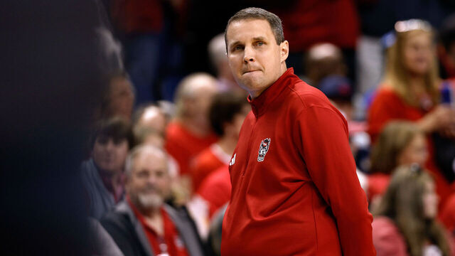 GREENSBORO, NORTH CAROLINA - OCTOBER 26: Head coach Will Wade of the NC State Wolfpack looks on in the first half against the South Carolina Gamecocks at First Horizon Coliseum on October 26, 2025 in Greensboro, North Carolina.
