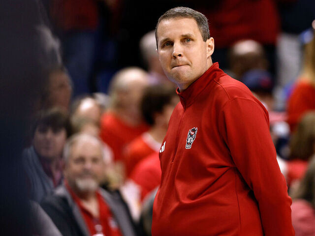GREENSBORO, NORTH CAROLINA - OCTOBER 26: Head coach Will Wade of the NC State Wolfpack looks on in the first half against the South Carolina Gamecocks at First Horizon Coliseum on October 26, 2025 in Greensboro, North Carolina.