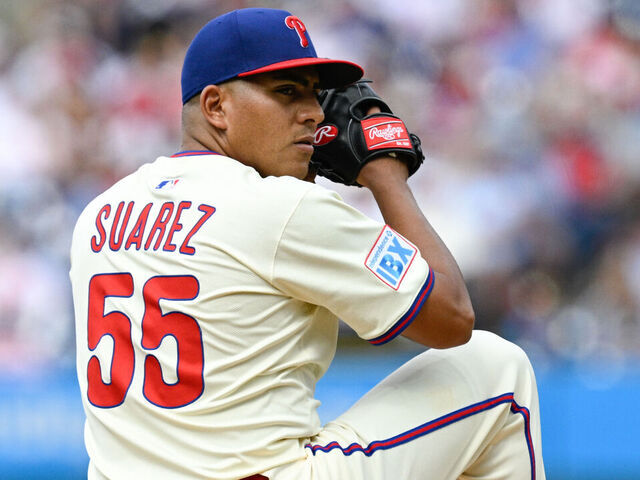 PHILADELPHIA, PA - AUGUST 24: Philadelphia Phillies pitcher Ranger Suárez (55) pitches the ball during the game between the Washington Nationals and the Philadelphia Phillies on August 24th, 2025 at Citizens Bank Park in Philadelphia, PA.