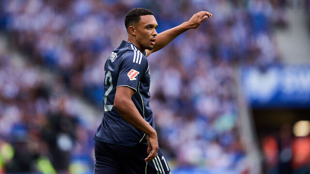 SAN SEBASTIAN, SPAIN - SEPTEMBER 13: Trent Alexander Arnold of Real Madrid reacts during the LaLiga EA Sports match between Real Sociedad and Real Madrid CF at Reale Arena on September 13, 2025 in San Sebastian, Spain.