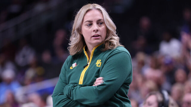 KANSAS CITY, MO - MARCH 09: Baylor Lady Bears head coach Nicki Collen in the first quarter of the women's Big 12 tournament championship game between the Baylor Lady Bears and TCU Horned Frogs on March 9, 2025 at T-Mobile Center in Kansas City, MO.