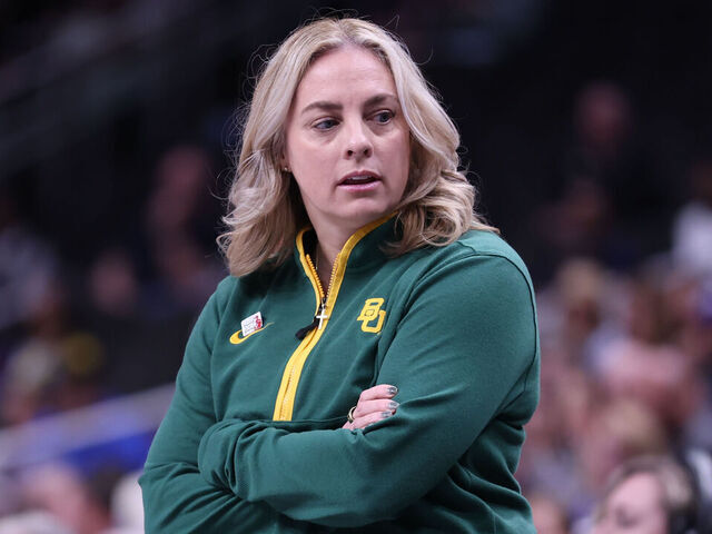 KANSAS CITY, MO - MARCH 09: Baylor Lady Bears head coach Nicki Collen in the first quarter of the women's Big 12 tournament championship game between the Baylor Lady Bears and TCU Horned Frogs on March 9, 2025 at T-Mobile Center in Kansas City, MO.