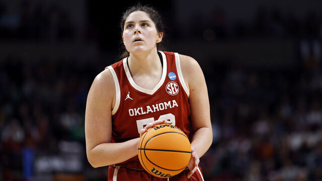 SPOKANE, WASHINGTON - MARCH 29: Raegan Beers #52 of the Oklahoma Sooners attempts a free throw in the fourth quarter against the Connecticut Huskies in the Sweet Sixteen round of the NCAA Women's Basketball Tournament at Spokane Arena on March 29, 2025 in Spokane, Washington.