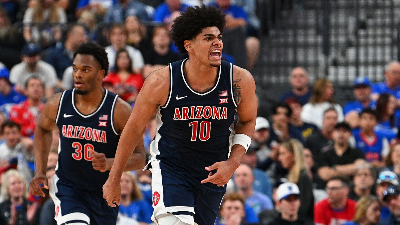 LAS VEGAS, NV - NOVEMBER 03: Arizona Wildcats forward Koa Peat (10) celebrates after a basket during the Hall of Fame Series Las Vegas, a men's college basketball game between the Arizona Wildcats and the Florida Gators on November 3, 2025 at T-Mobile Arena in Las Vegas, NV.