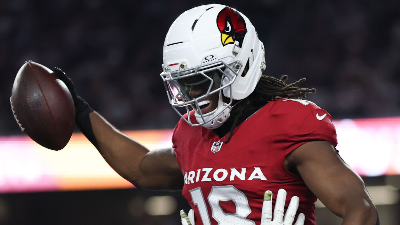 ARLINGTON, TEXAS - NOVEMBER 03: Marvin Harrison Jr. #18 of the Arizona Cardinals celebrates his touchdown with Trey McBride #85 against the Dallas Cowboys during the second quarter in the game at AT&T Stadium on November 03, 2025 in Arlington, Texas.