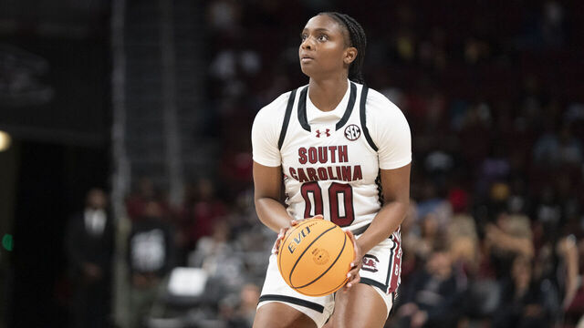 COLUMBIA, SOUTH CAROLINA - OCTOBER 24: Ta'Niya Latson of the South Carolina Gamecocks shoots the ball during the second quarter of an NCAA women's basketball game against the Anderson Trojans at Colonial Life Arena on October 24, 2025 in Columbia, South Carolina.