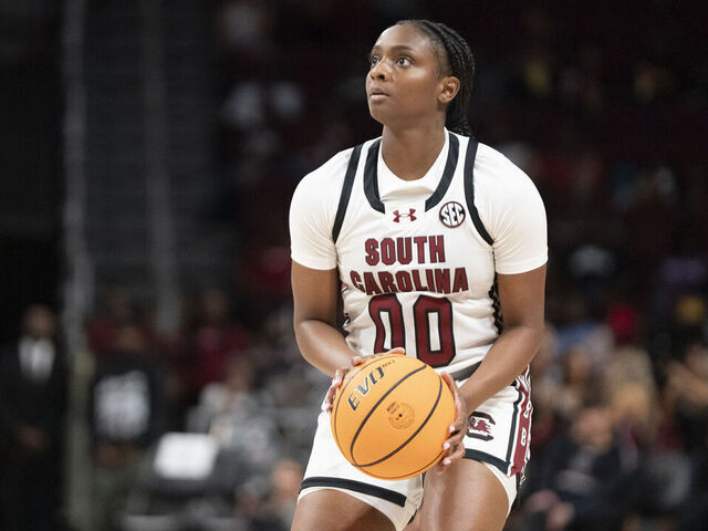 COLUMBIA, SOUTH CAROLINA - OCTOBER 24: Ta'Niya Latson of the South Carolina Gamecocks shoots the ball during the second quarter of an NCAA women's basketball game against the Anderson Trojans at Colonial Life Arena on October 24, 2025 in Columbia, South Carolina.