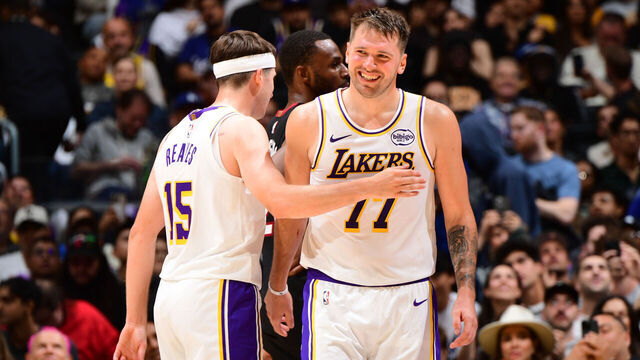 LOS ANGELES, CA - NOVEMBER 2: Luka Doncic #77 and Austin Reaves #15 of the Los Angeles Lakers react during the game against the Miami Heat on November 2, 2025 at Crypto.Com Arena in Los Angeles, California. NOTE TO USER: User expressly acknowledges and agrees that, by downloading and/or using this Photograph, user is consenting to the terms and conditions of the Getty Images License Agreement. Mandatory Copyright Notice: Copyright 2025 NBAE