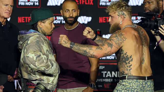 NEW YORK, NEW YORK - SEPTEMBER 22: Gervonta 'Tank" Davis and Jake Paul face off during a press conference at Palladium Times Square on September 22, 2025 in New York City.