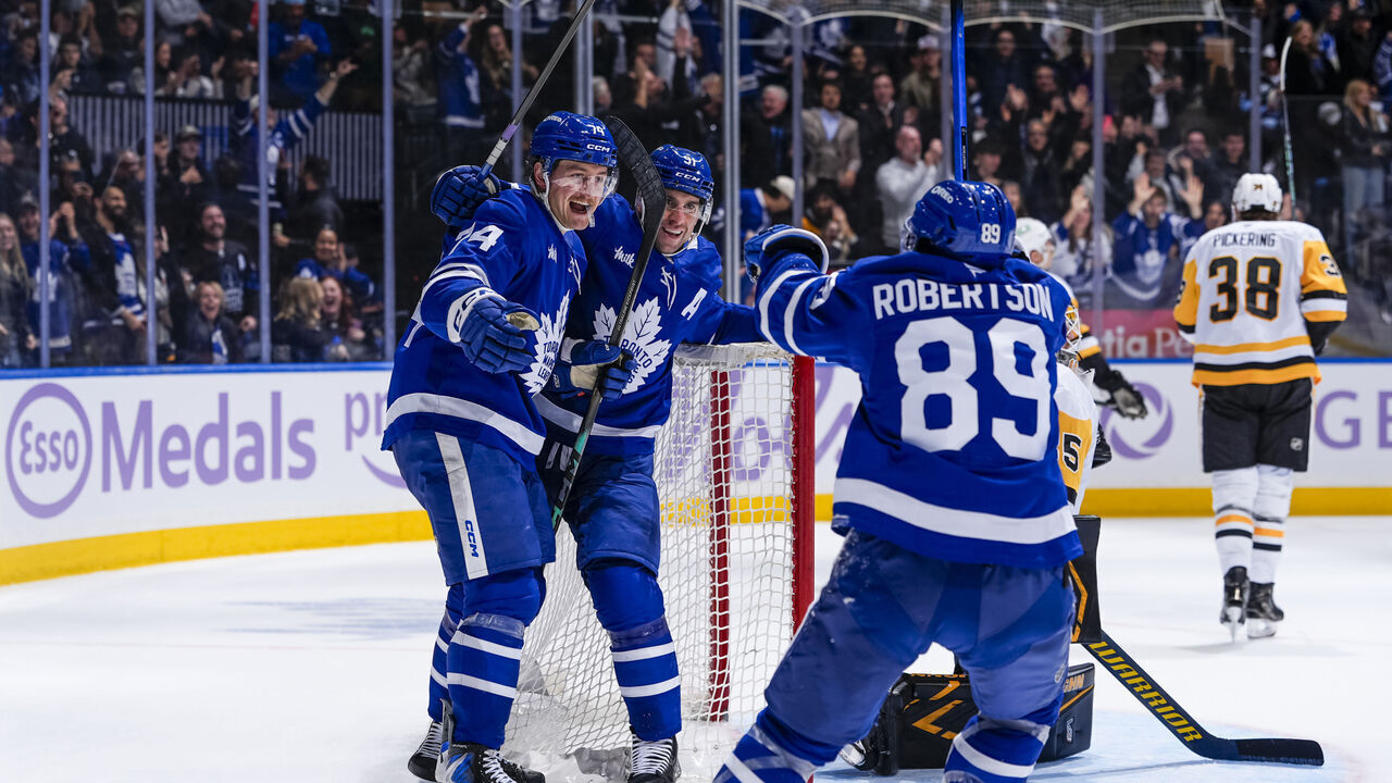 TORONTO, CANADA - NOVEMBER 3: Bobby McMann #74 of the Toronto Maple Leafs celebrates after scoring a goal against Tristan Jarry #35 of the Pittsburgh Penguins during the third period at the Scotiabank Arena on November 3, 2025 in Toronto, ON, Canada.