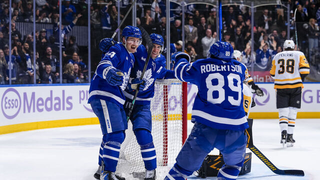 TORONTO, CANADA - NOVEMBER 3: Bobby McMann #74 of the Toronto Maple Leafs celebrates after scoring a goal against Tristan Jarry #35 of the Pittsburgh Penguins during the third period at the Scotiabank Arena on November 3, 2025 in Toronto, ON, Canada.