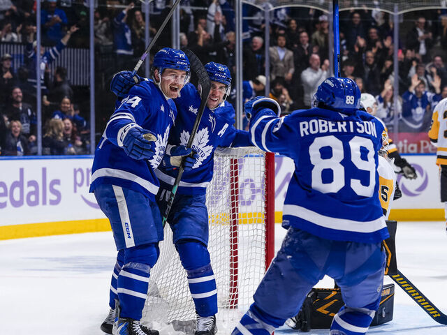 TORONTO, CANADA - NOVEMBER 3: Bobby McMann #74 of the Toronto Maple Leafs celebrates after scoring a goal against Tristan Jarry #35 of the Pittsburgh Penguins during the third period at the Scotiabank Arena on November 3, 2025 in Toronto, ON, Canada.