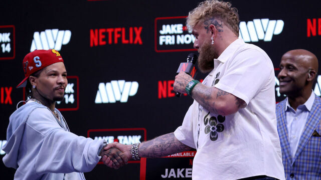 MIAMI, FLORIDA - SEPTEMBER 23: Gervonta "Tank" Davis and Jake Paul shake hands at news conference for their exhibition match scheduled for November 14 at Kaseya Center on September 23, 2025 in Miami, Florida.