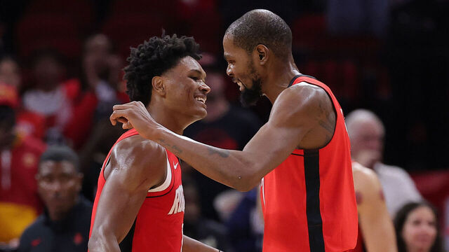 HOUSTON, TEXAS - NOVEMBER 03: Amen Thompson #1 of the Houston Rockets and Kevin Durant #7 of the Houston Rockets celebrate during the second half against the Dallas Mavericks at Toyota Center on November 03, 2025 in Houston, Texas.