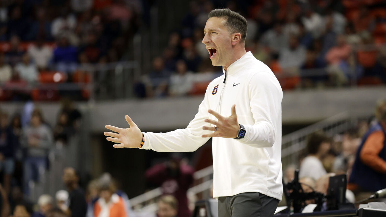 AUBURN, ALABAMA - NOVEMBER 3: Head coach Steven Pearl of Auburn Tigers argues a call during the second half against the Bethune-Cookman Wildcats at Neville Arena on November 3, 2025 in Auburn, Alabama.