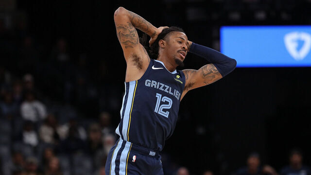 MEMPHIS, TENNESSEE - NOVEMBER 03: Ja Morant #12 of the Memphis Grizzlies reacts during the second half against the Detroit Pistons at FedExForum on November 03, 2025 in Memphis, Tennessee.