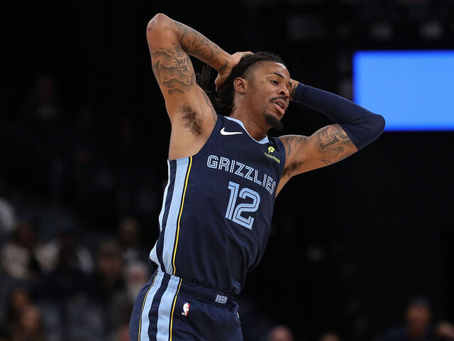 MEMPHIS, TENNESSEE - NOVEMBER 03: Ja Morant #12 of the Memphis Grizzlies reacts during the second half against the Detroit Pistons at FedExForum on November 03, 2025 in Memphis, Tennessee.